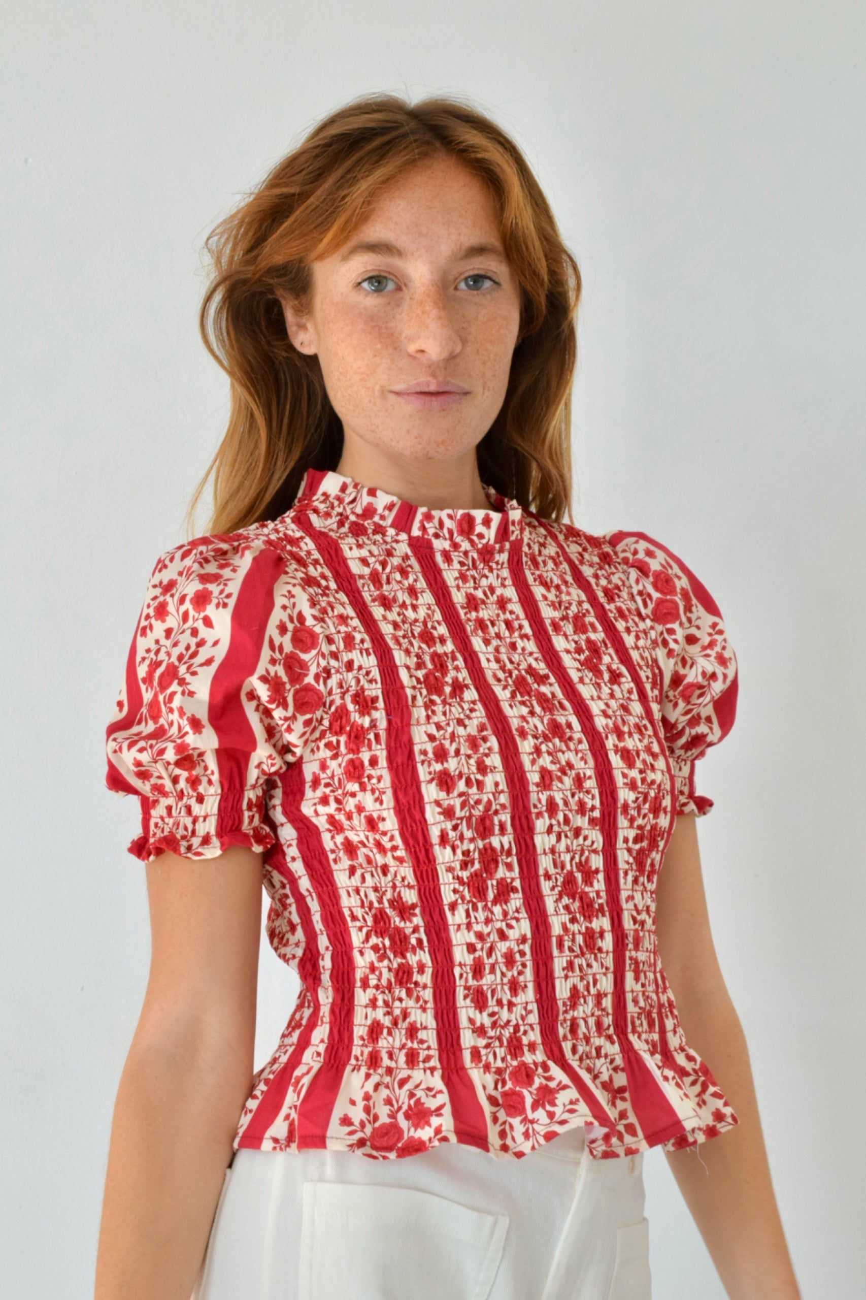 Chía Blusa Flores Manga Corta Rojo