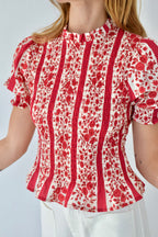 Chía Blusa Flores Manga Corta Rojo