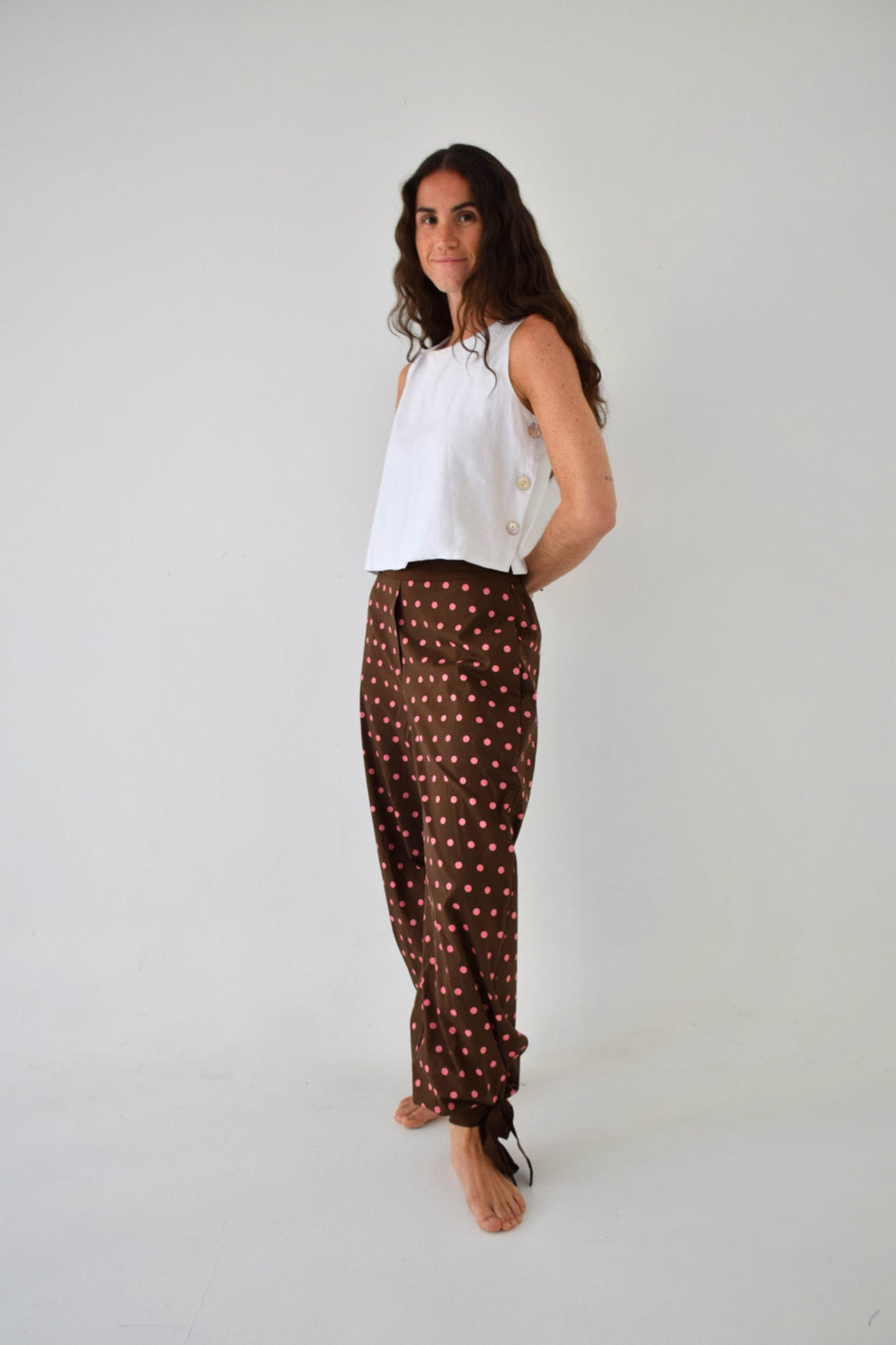 Pantalon Lia Pois Marron Et Rose