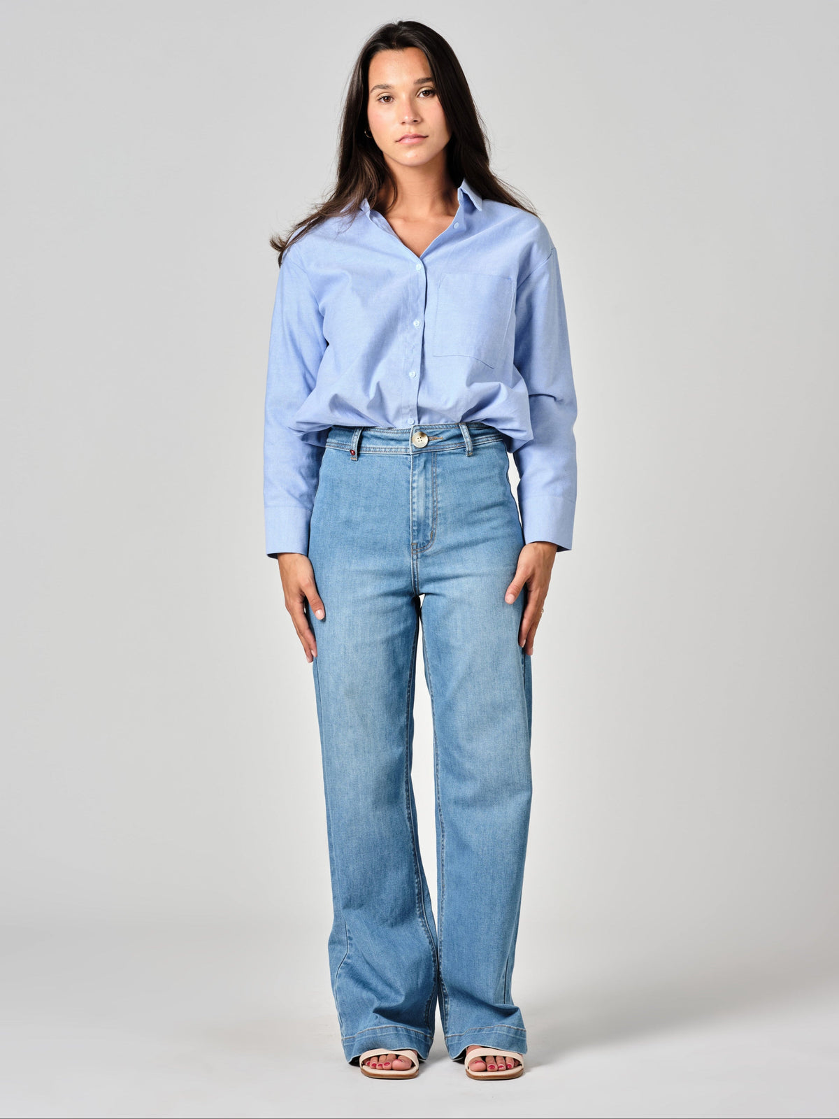 Jeans svasati a vita alta in cotone blu Fauve