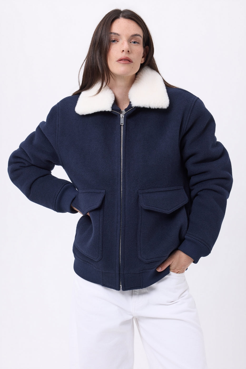 Veste Aviateur En Mélange De Laine Et Peau Lainée Yukon - Navy - Mixte