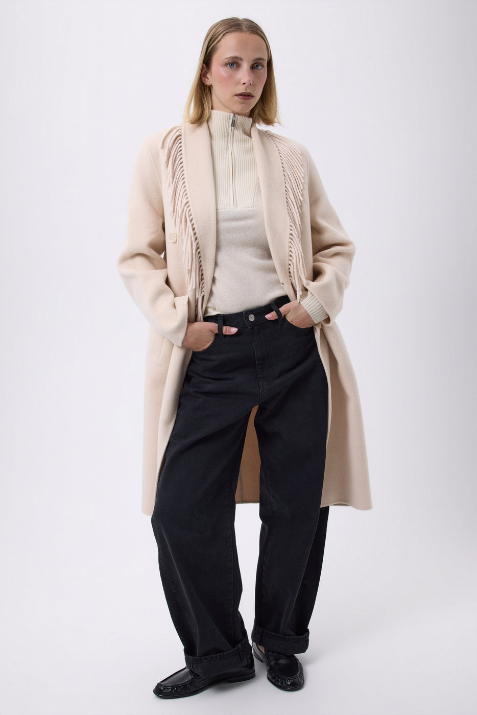 Hommeteau con cuello de flecos Yulia - Beige - Mujer