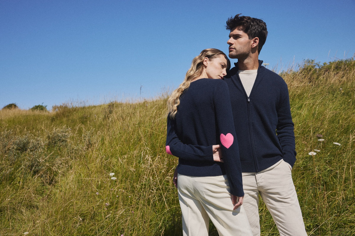Maglione Girocollo Cuore Gomiti Zaime - Blu Marino Rosa Fluo