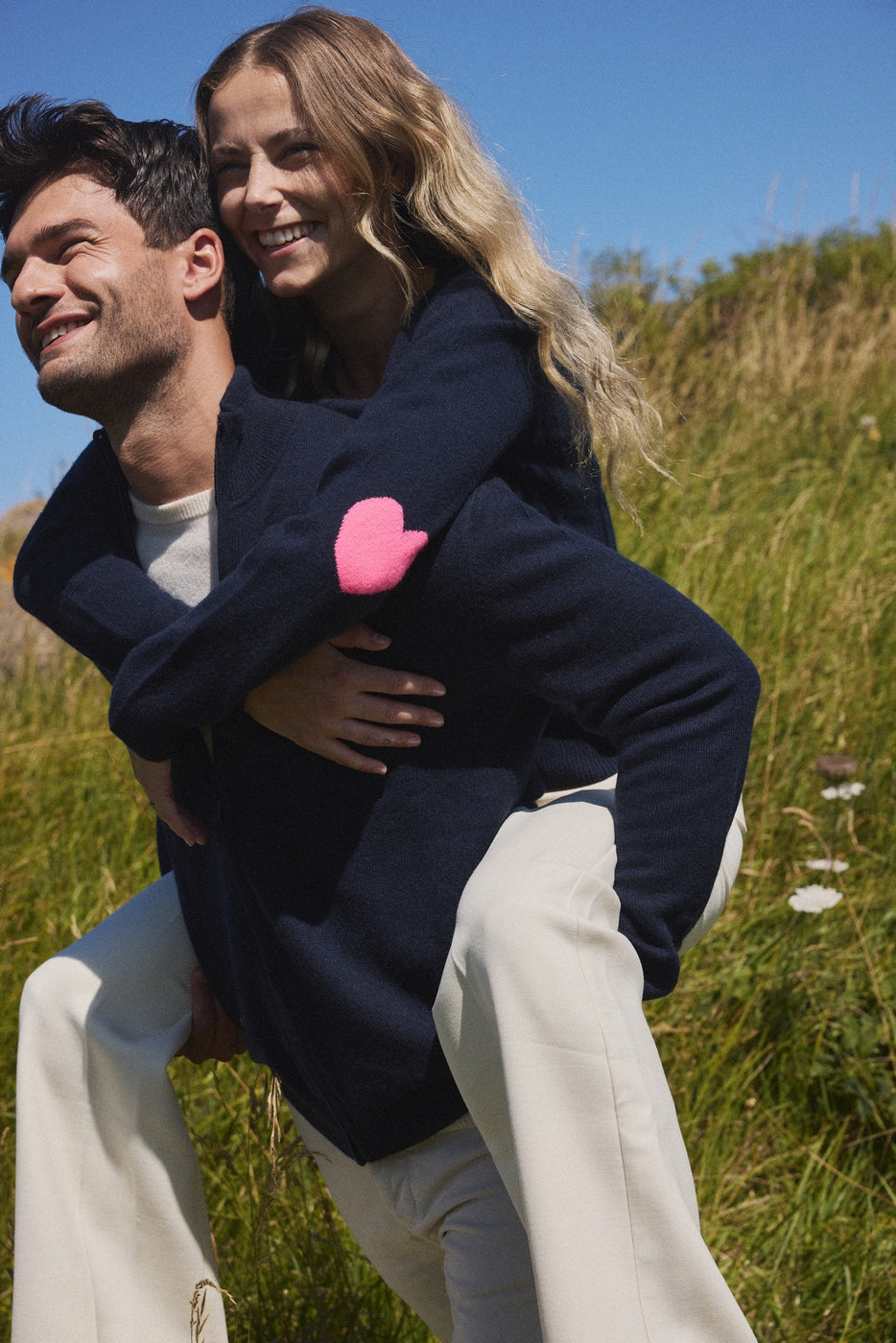 Maglione Girocollo Cuore Gomiti Zaime - Blu Marino Rosa Fluo