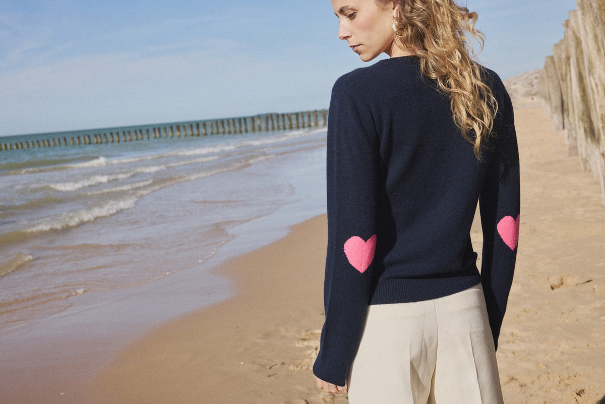 Maglione Girocollo Cuore Gomiti Zaime - Blu Marino Rosa Fluo