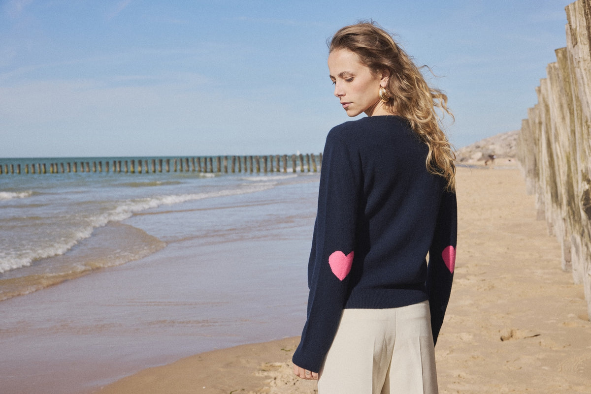 Maglione Girocollo Cuore Gomiti Zaime - Blu Marino Rosa Fluo