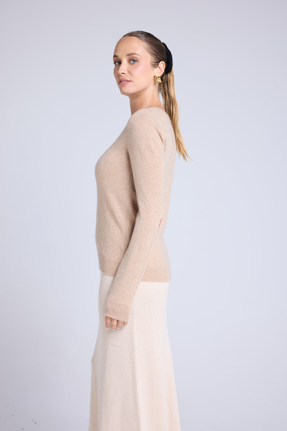 Zaime Crew-Neck Heart Elbows Jumper - Beige Cream Red