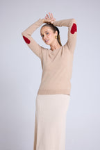 Zaime Crew-Neck Heart Elbows Jumper - Beige Cream Red