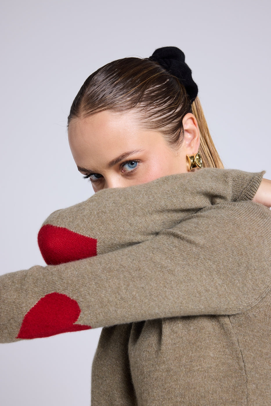 Pull Col Rond Coeur Coudes Zaime - Vert Khaki Rouge