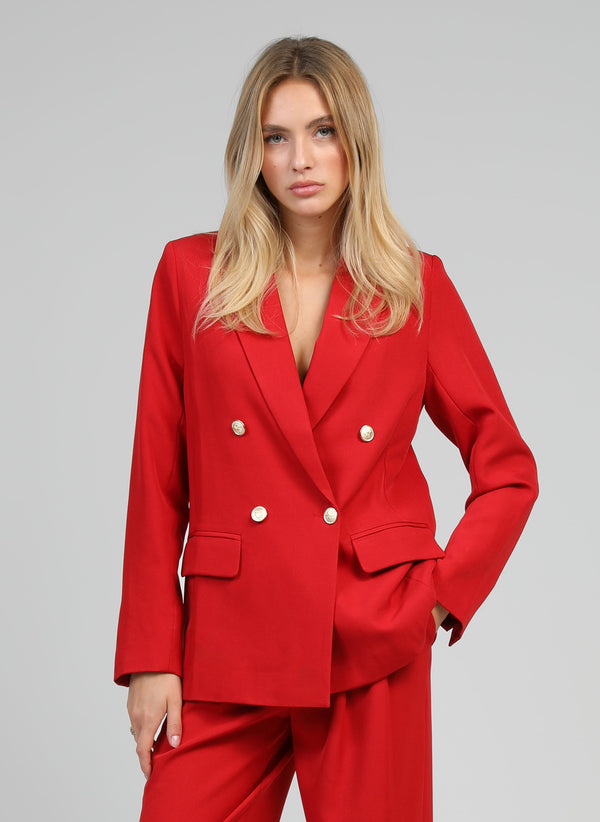 An'ge – Red Zakie Jacket, blonde female model wearing a red blazer and red trousers