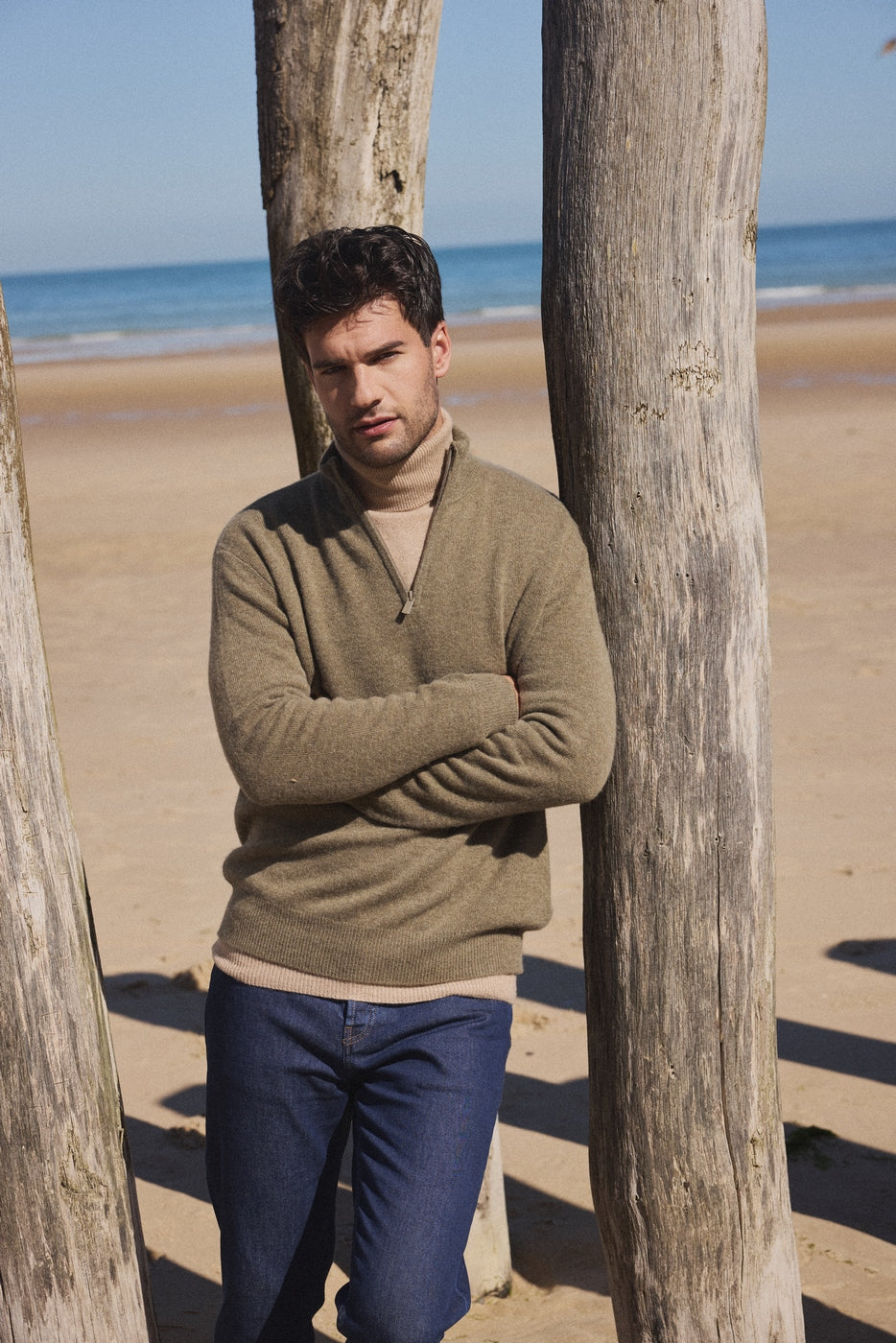 Zalman Zip-Up Roll-Neck Jumper - Khaki Green