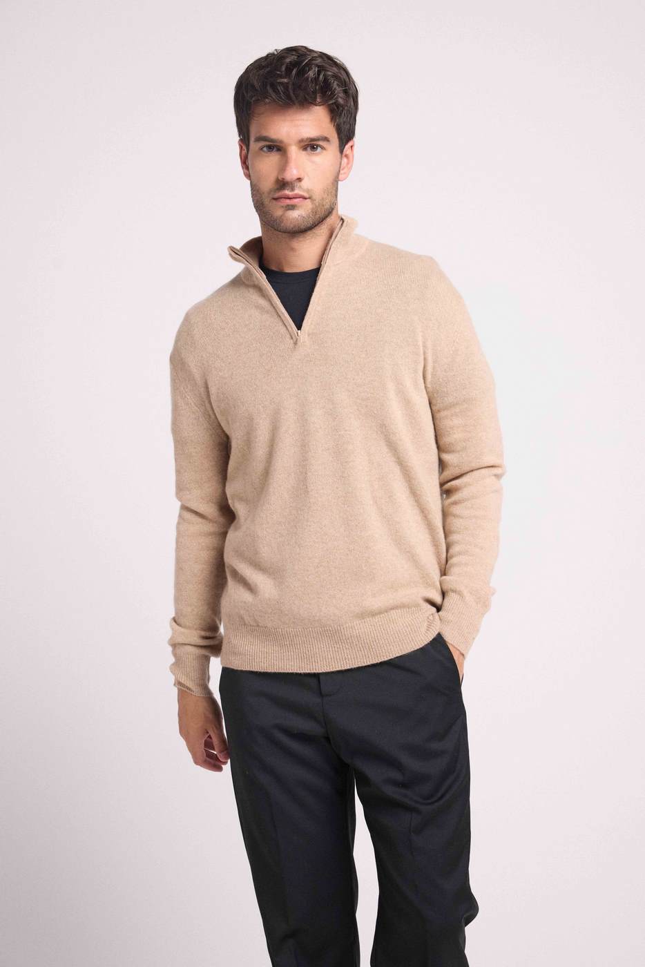 Maglione con Mezza Zip Collo Alto Zalman - Beige Crema