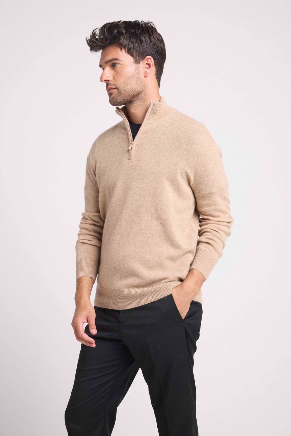 Maglione con Mezza Zip Collo Alto Zalman - Beige Crema