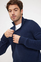 Zalman Zip-Up High-Neck Jumper - Navy Blue