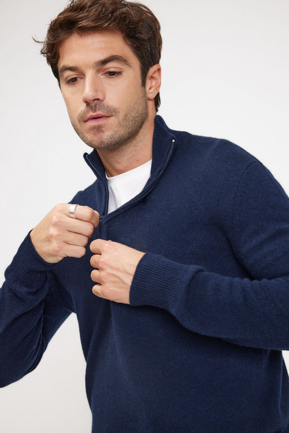 Zalman Zip-Up High-Neck Jumper - Navy Blue