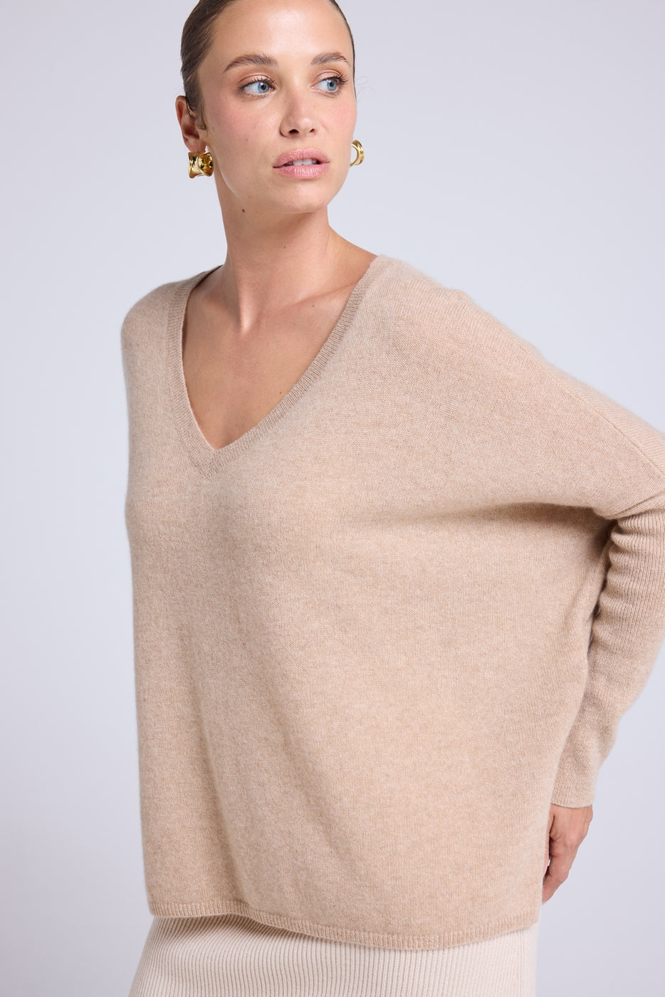 Jersey Poncho Cuello en V Zancha - Beige Crema