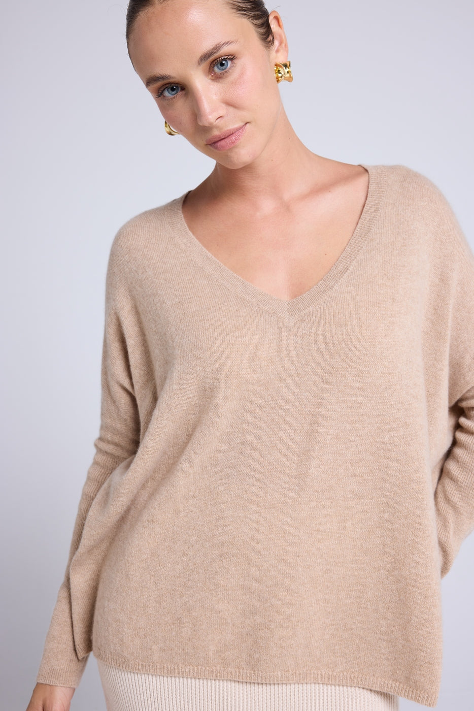 Jersey Poncho Cuello en V Zancha - Beige Crema