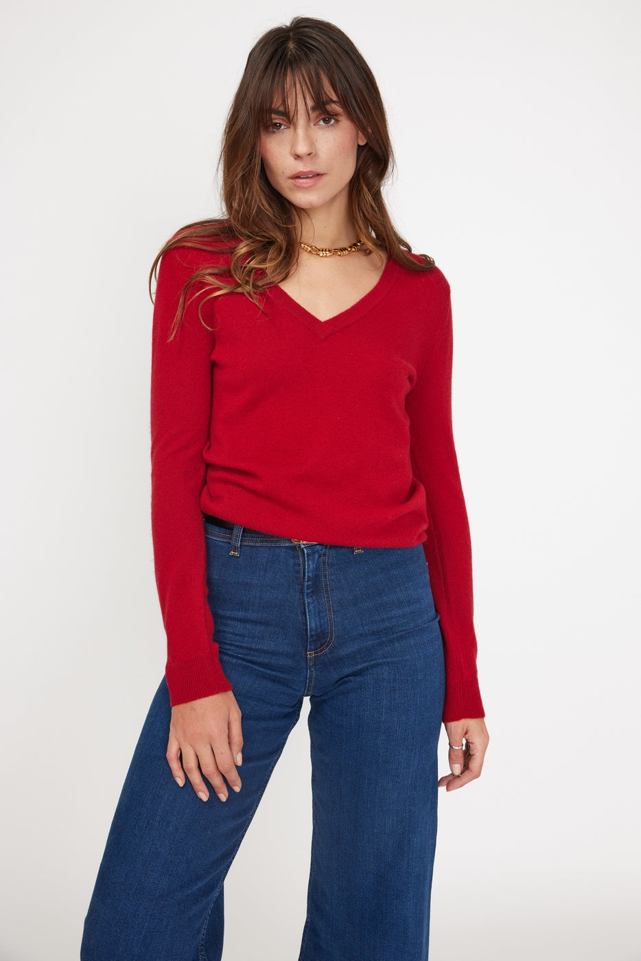 Pull Col V Zefina - Rouge Bordeau