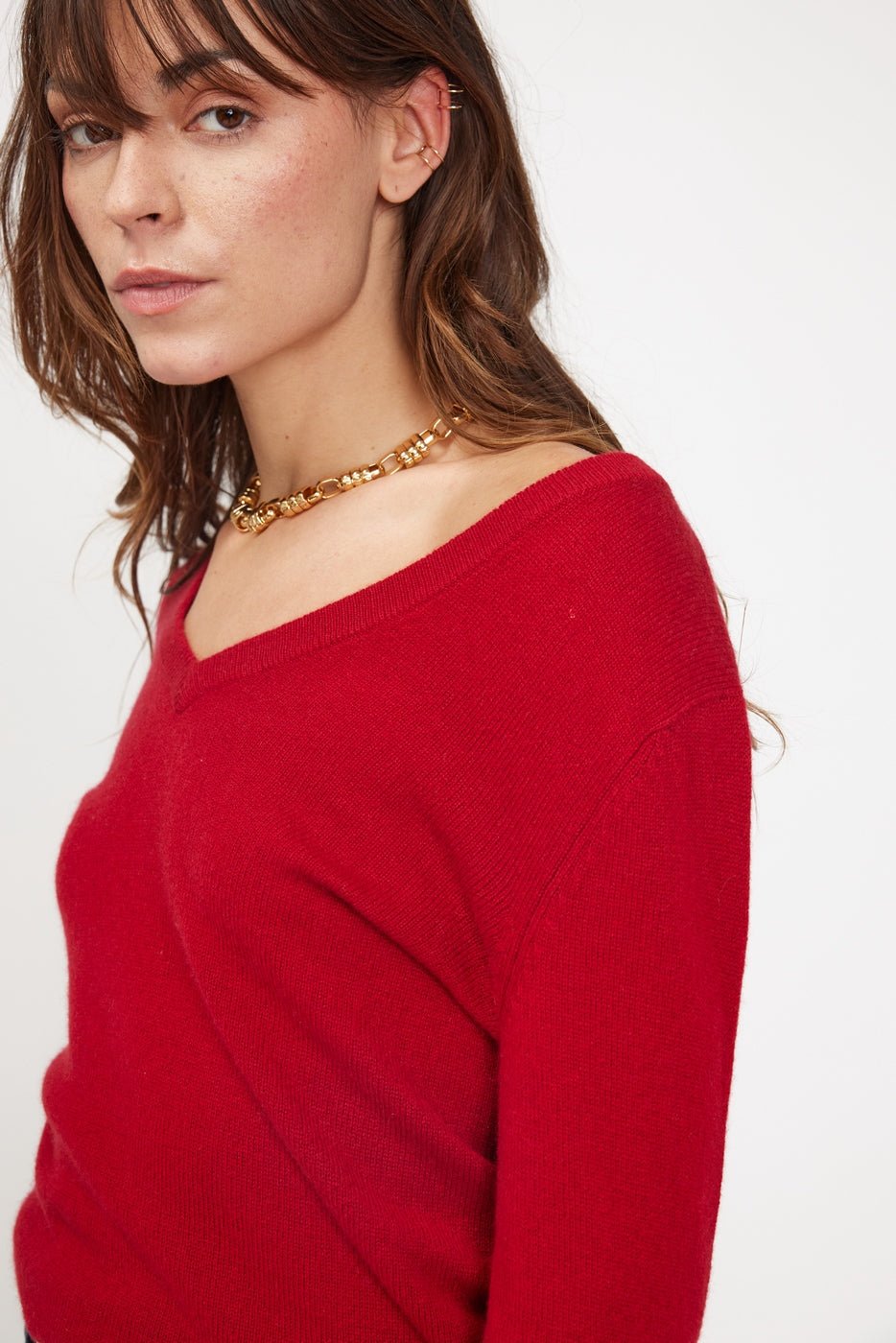 Pull Col V Zefina - Rouge Bordeau