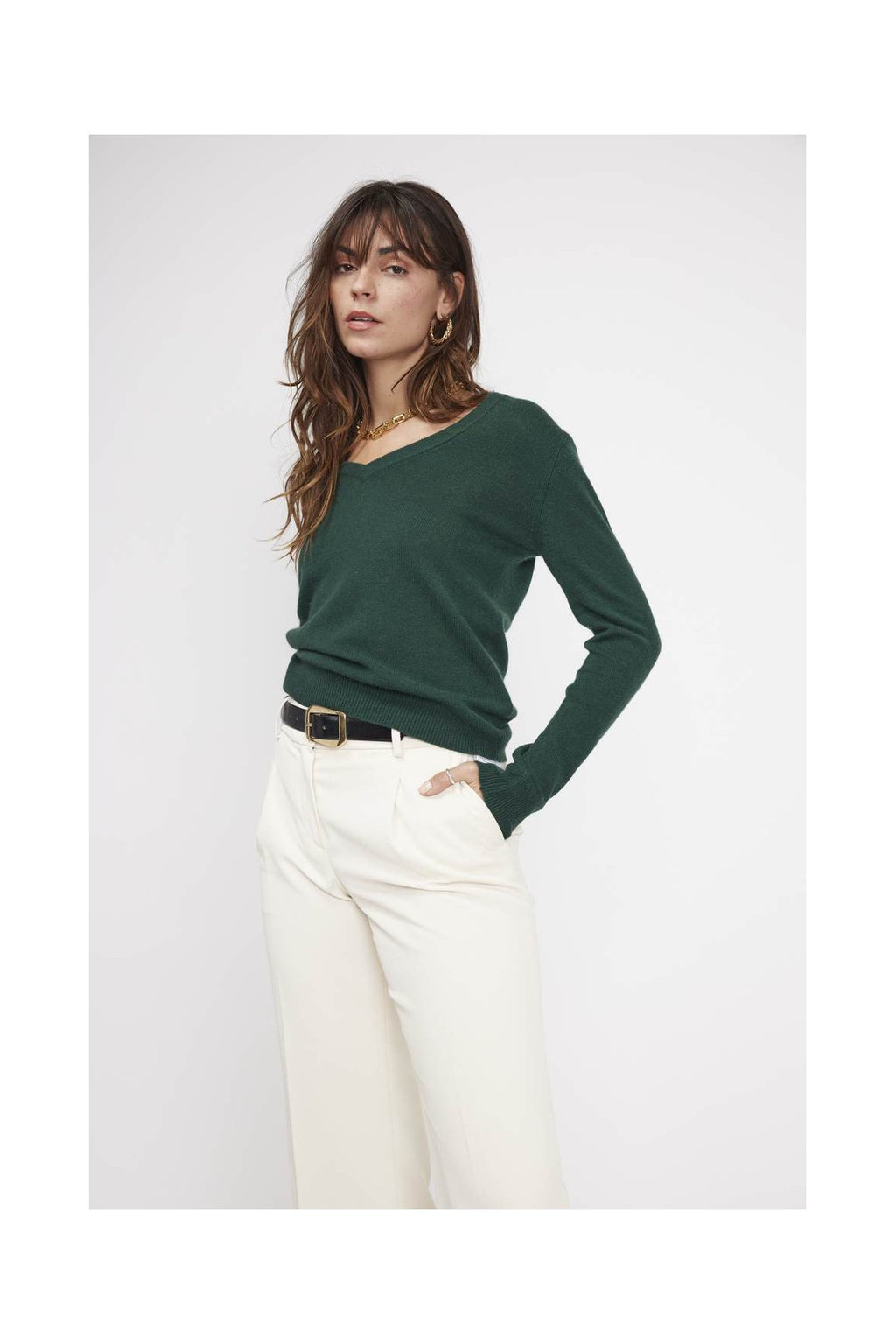 Zefina V-Neck Jumper - Bottle Green