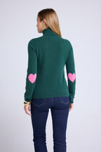 Zelly Roll-Neck Jumper with Elbow Hearts - Bottle Green Fluorescent Pink