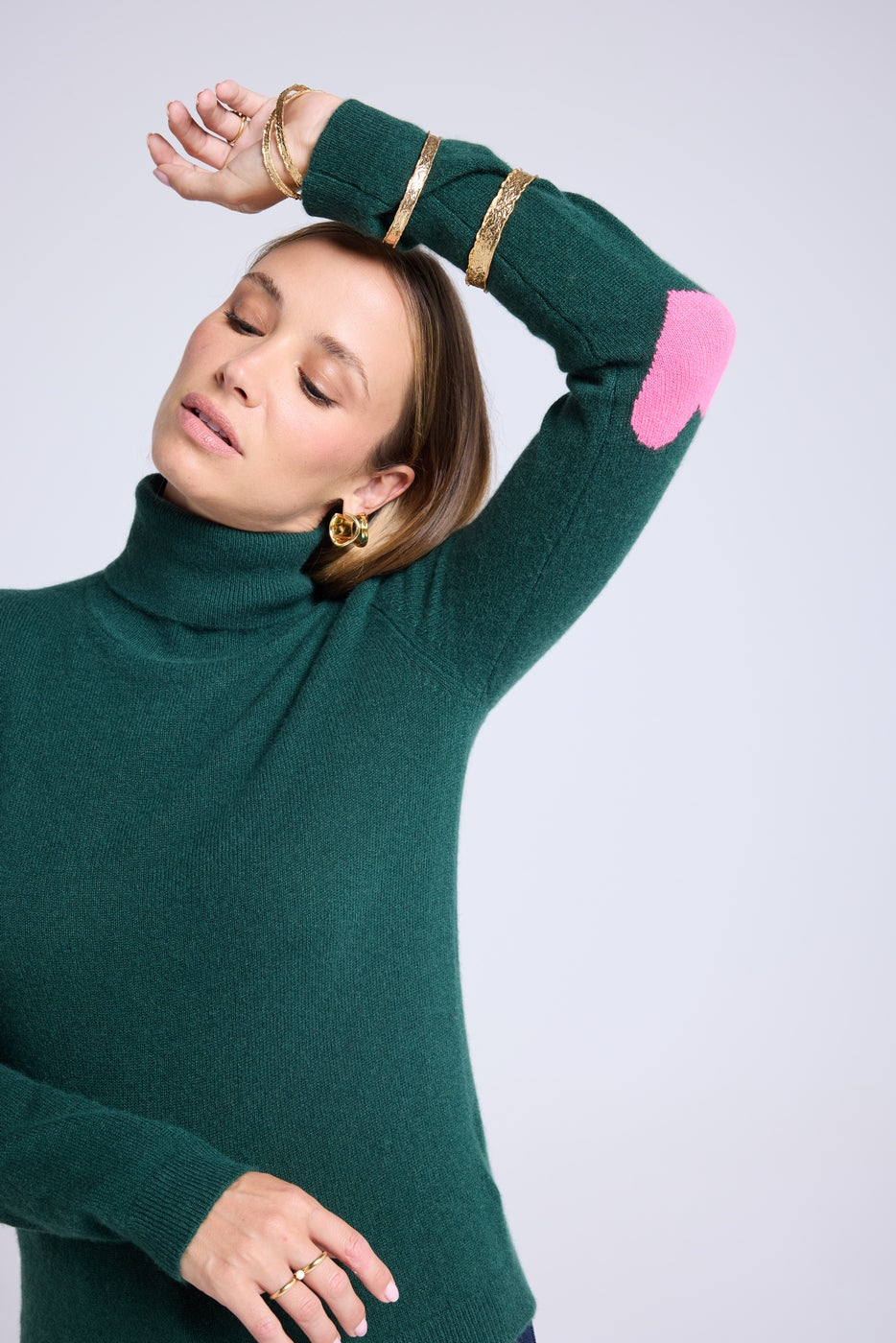 Zelly Roll-Neck Jumper with Elbow Hearts - Bottle Green Fluorescent Pink