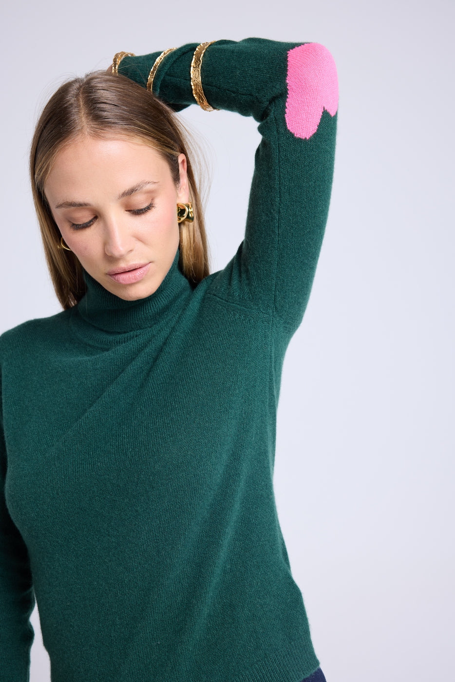 Zelly Roll-Neck Jumper with Elbow Hearts - Bottle Green Fluorescent Pink