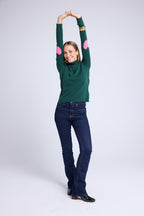 Zelly Roll-Neck Jumper with Elbow Hearts - Bottle Green Fluorescent Pink