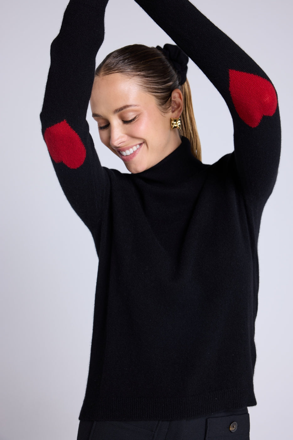 Zelly Roll-Neck Jumper with Heart Elbows - Black Red
