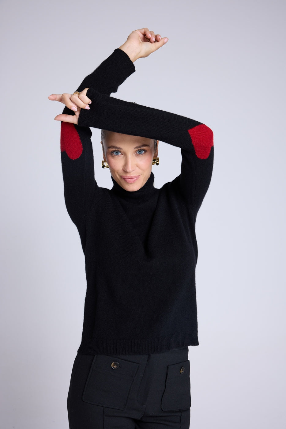 Zelly Roll-Neck Jumper with Heart Elbows - Black Red