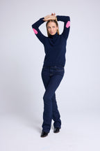Zelly Roll-Neck Jumper with Heart Elbows - Navy Blue Neon Pink