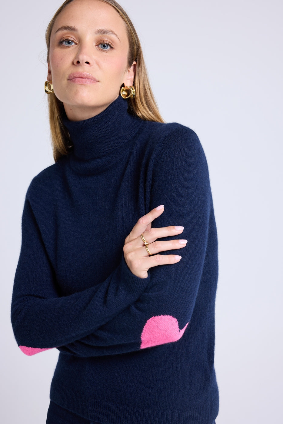Zelly Roll-Neck Jumper with Heart Elbows - Navy Blue Neon Pink
