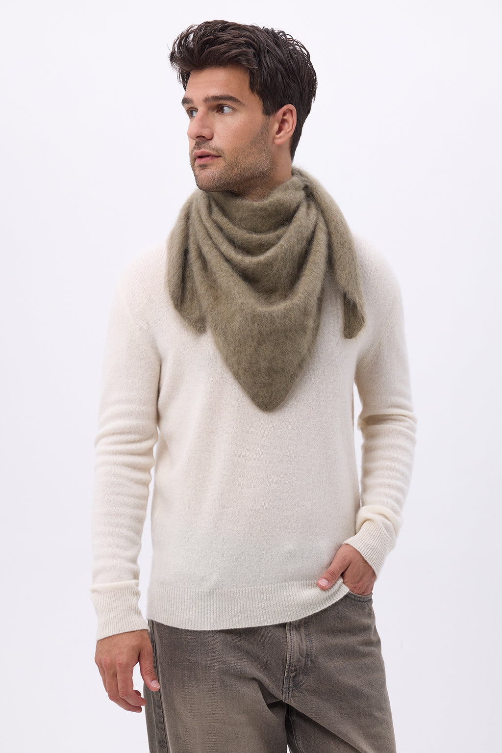 Oversizowa chusta bandana – Bandana ze szczotkowanego kaszmiru Zeno - Khaki - Męska