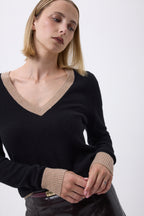 Sweter kaszmirowy z dekoltem w serek i kontrastową lamówką F Zephana - Czarno-beżowo-kremowy - Damski