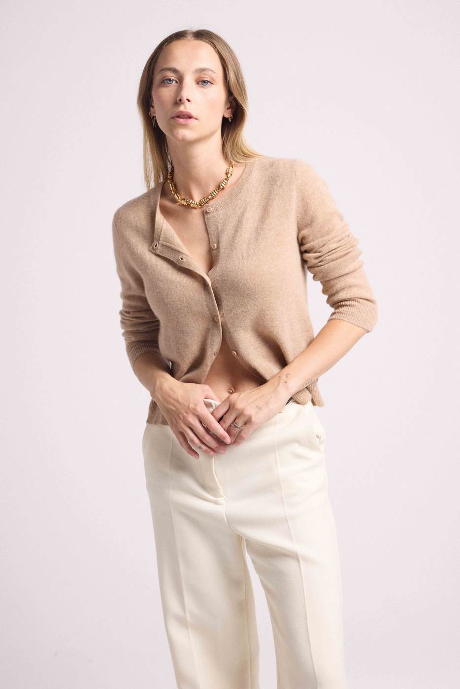 Cárdigan Cuello Redondo Zika - Beige Crema