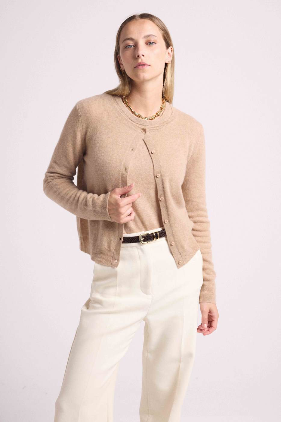 Cárdigan Cuello Redondo Zika - Beige Crema