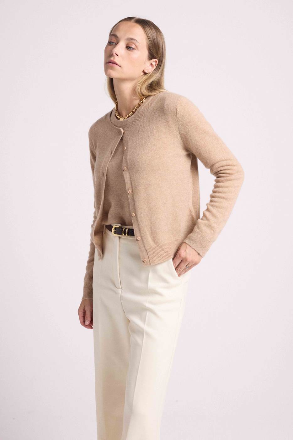 Cárdigan Cuello Redondo Zika - Beige Crema