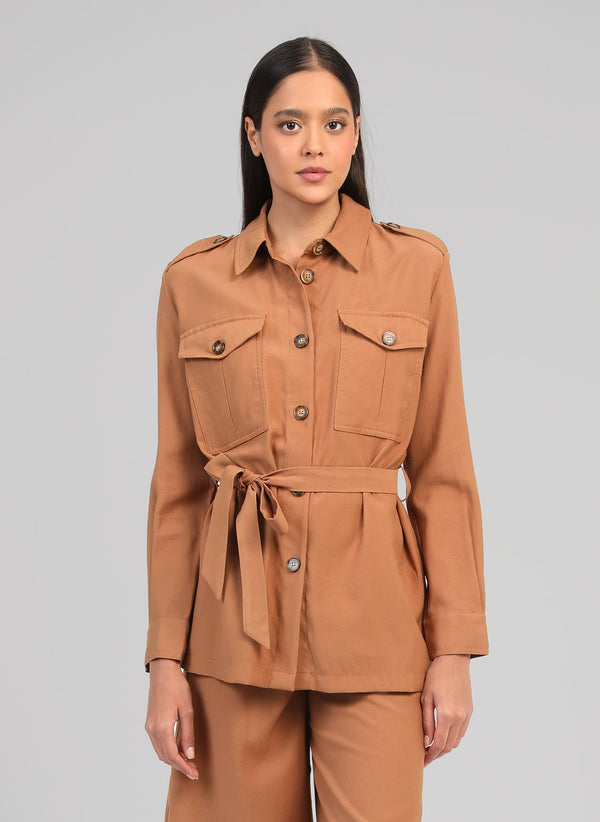 An'ge – Zoana Suede Jacket, light brown overshirt jacket worn by a model, front view