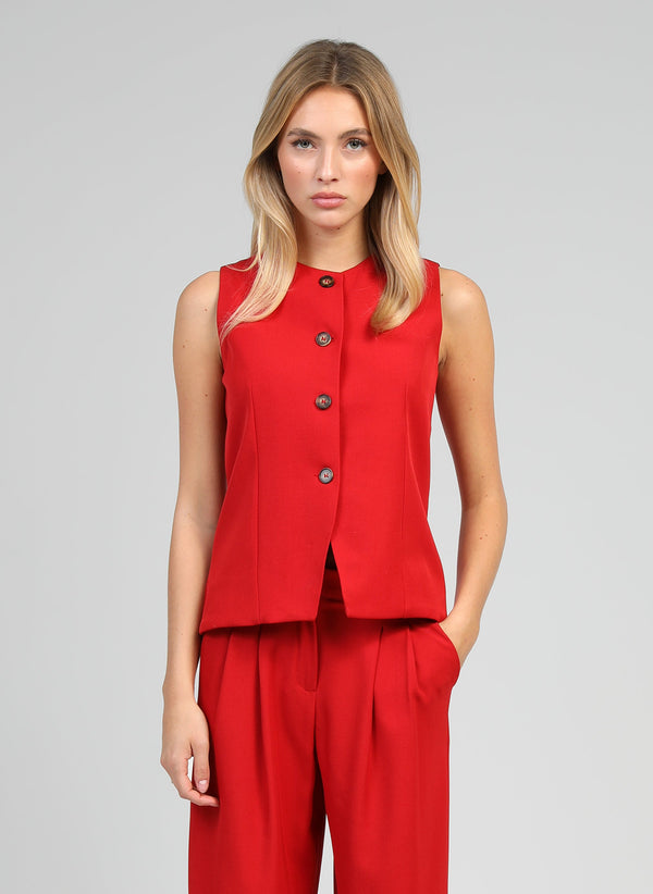 An'ge – Zola Red Suit Waistcoat, blonde female model wearing a red waistcoat and trousers set
