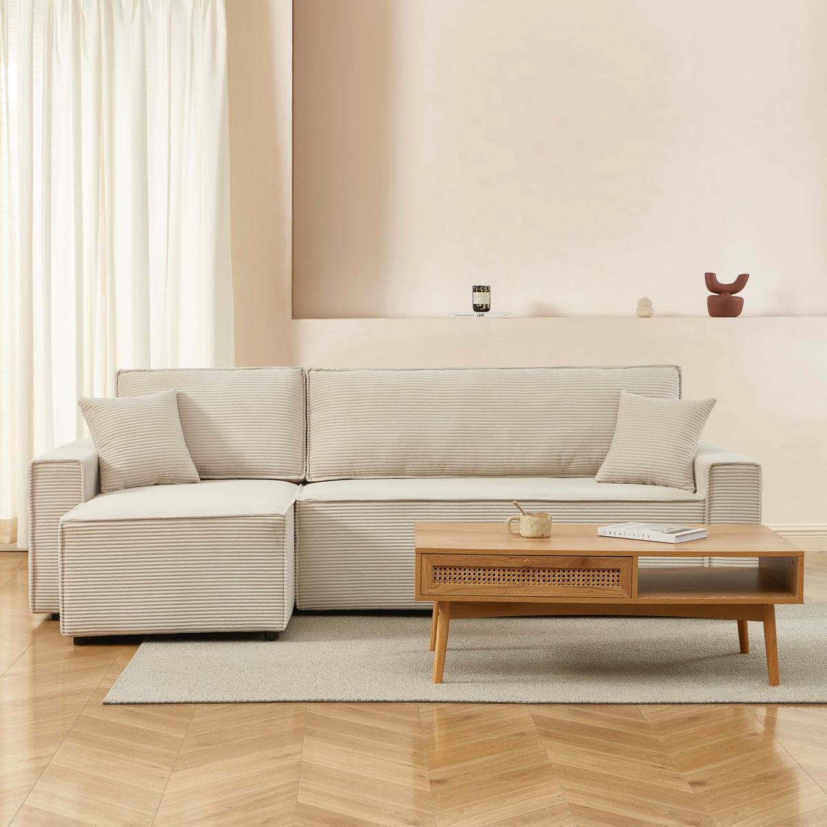 Zola – 4-Sitzer-Ecksofa mit Schlaffunktion und Ottomane wechselbar – Beiger Cord
