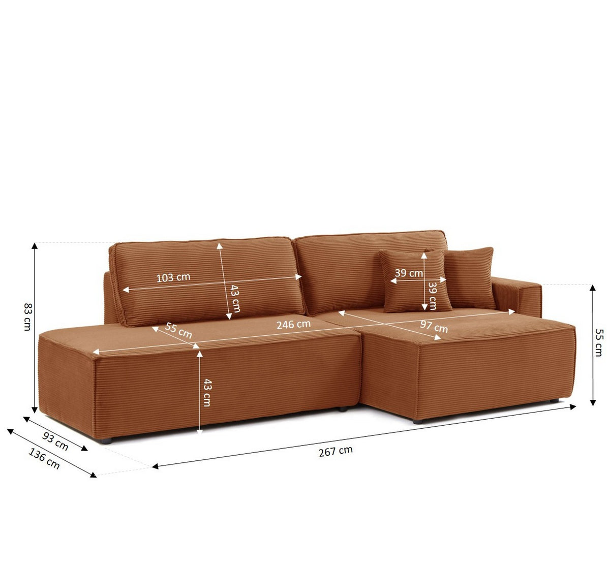 Zola - Ecksofa Mit Schlaffunktion 4-Sitzer Ottomane Rechts Offen - Cord - Terrakotta