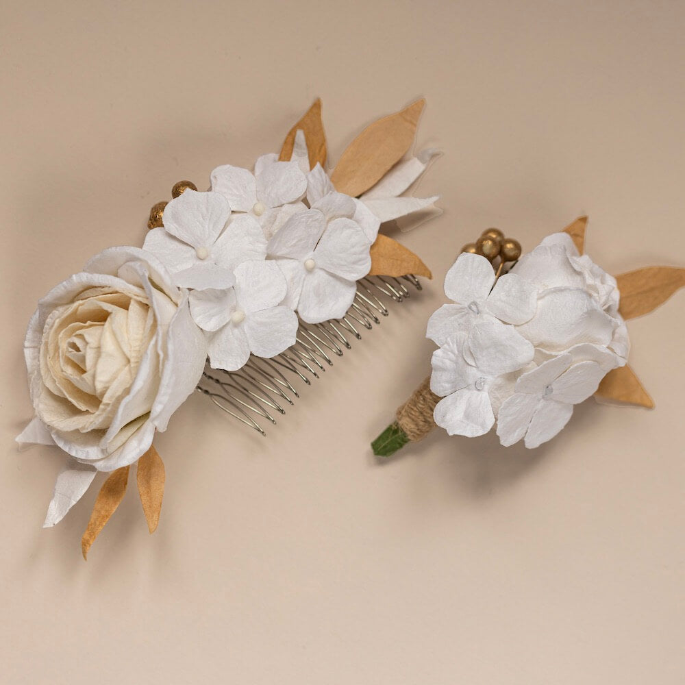 Peineta Flores De Papel Blanco Y Dorado