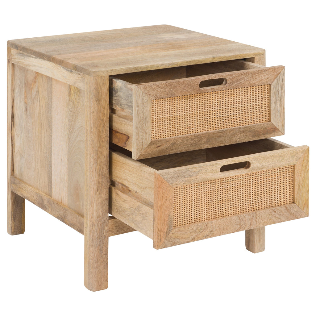 Félix - Table De Chevet 2 Tiroirs En Bois De Manguier Et Cannage