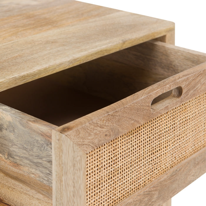 Félix - Table De Chevet 2 Tiroirs En Bois De Manguier Et Cannage