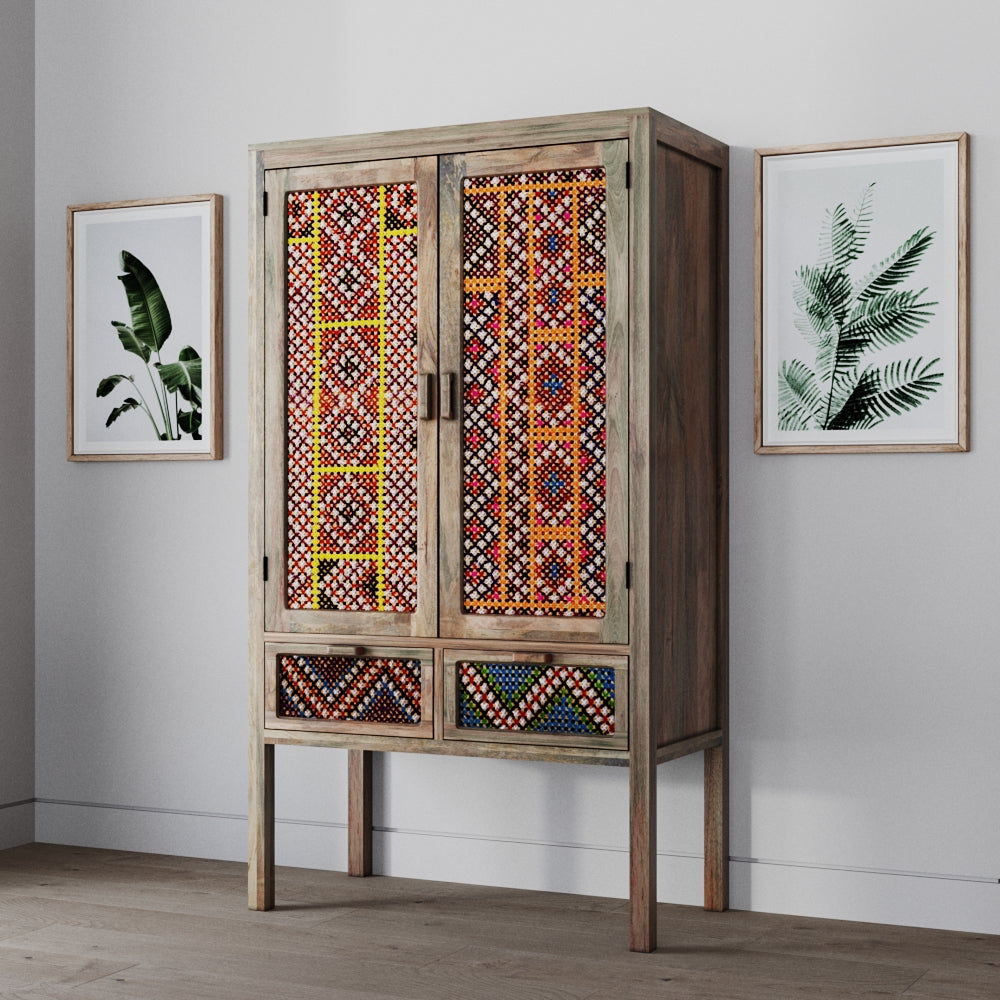 Massaï - 2 Door 2 Drawer Wardrobe In Mango Wood And Colored Canework