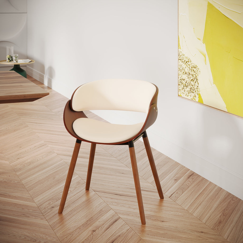 Polo - Silla en Piel Sintética Beige y Madera Chapada en Nogal