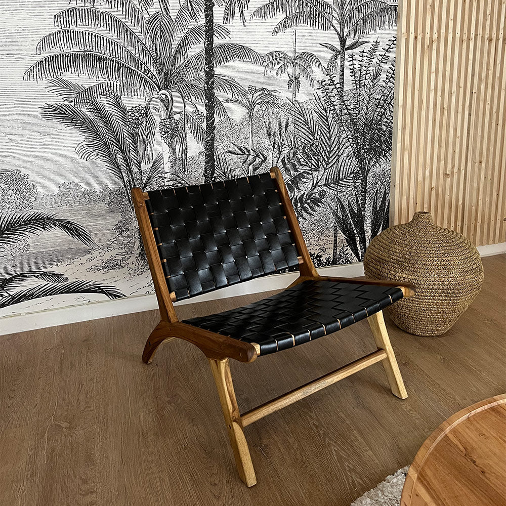 Kuna - Fauteuil En Teck Et Cuir Tréssé Noir
