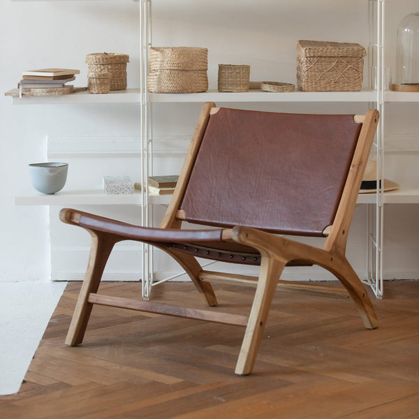 Kuna - Sillón de teca y cuero liso marrón