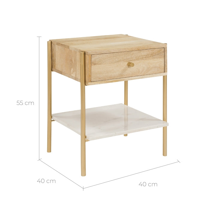 Doori - Table De Chevet 1 Tiroir En Bois De Manguier Et Marbre