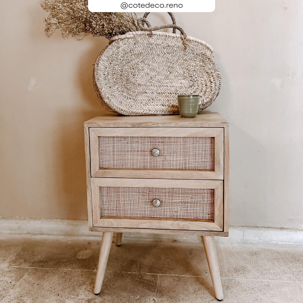 Cody - Table De Chevet 2 Tiroirs En Cannage Et Bois De Manguier
